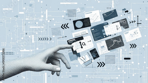  Halftone hand touching futuristic interface with charts and graphs