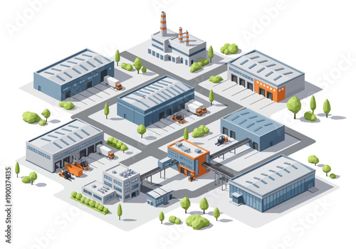 Isometric view of a modern industrial park with various buildings and vehicles