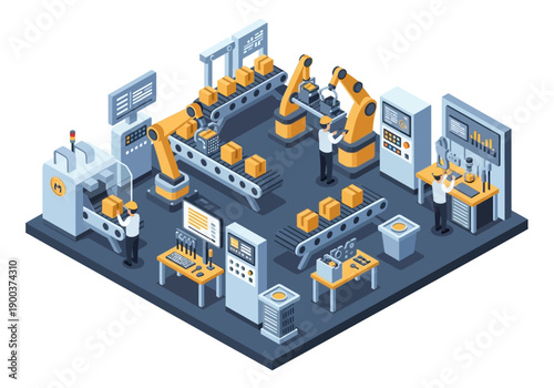 Automated industrial manufacturing facility with robotic arms on an assembly line, showcasing production and technology