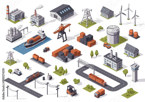 Industrial and Transportation Infrastructure with Buildings, Vehicles, and Power Generation Elements