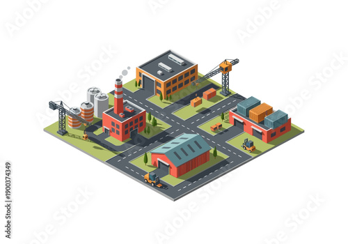 Isometric industrial complex featuring factories, cranes, and shipping containers