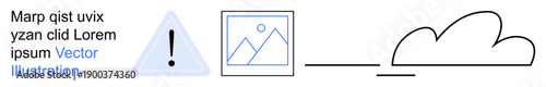 Data storage, cloud services, file management, cybersecurity, data loss prevention, digital technology. Alert icon, cloud outline and image placeholder symbols. Data storage and cloud services