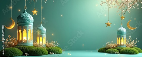 Islamic holiday decorative background with glowing lanterns, gold crescent moons, and stars. Peaceful scene with soft green and blue tones for religious celebrations.