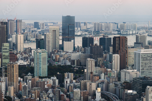 Tokyo Tower, Tokyo, Shiba-koen in Minato City, Japan, night aerial view of Japan Radio Tower with rooftops and skyscrapers, seen from the Roppongi Hills observation deck in a twilight and evening sky