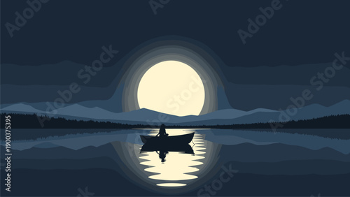 Minimalist full moon night on a tranquil lake with a lone boat, mountain silhouettes, and serene reflection. Vector art.