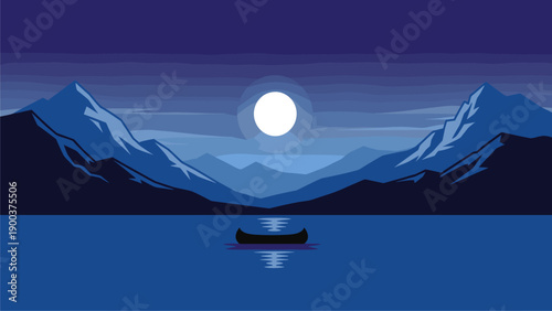 Pixel Art Night Landscape: Full Moon over Mountain Lake with Lone Boat. Serene Retro Illustration.