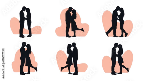 Romantic silhouettes capturing intimate moments of diverse couples expressing love and affection
