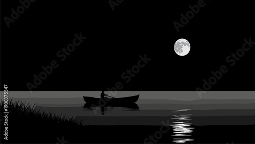 Full moon over tranquil lake with silhouetted boat and rower, peaceful night reflection