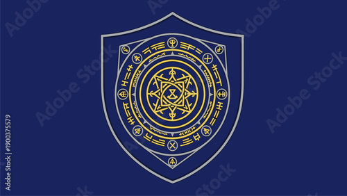 Mystical Golden Emblem Shield with Arcane Symbols on Blue Background - Fantasy Magic Crest Design