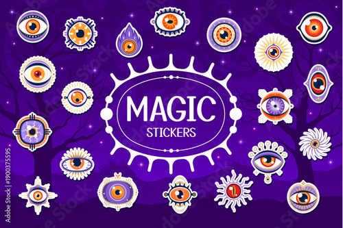 Magic witchcraft evil eyes or esoteric eyeballs stickers for occult and oracle, vector icons. Cartoon magical evil eyes with eyelashes for astrology or Tarot cards and esoteric sacred mystic signs
