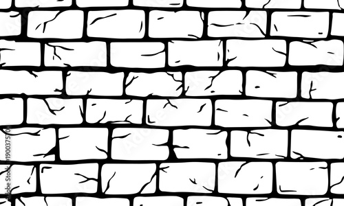 Hand drawn brick wall seamless pattern illustration. cracked textures background. black and white wall.