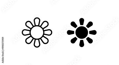 Minimalist vector illustration of a sun or flower icon in black outline and filled styles, representing nature and warmth