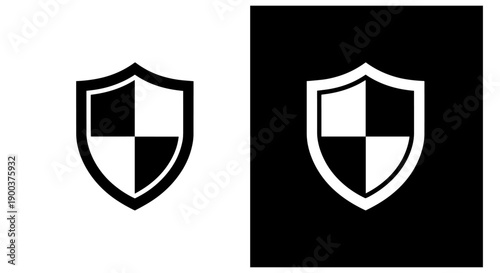 Shield icons in black and white, solid and outline, for security and protection