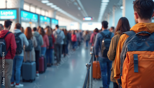 People queue at airport security checkpoint. Travelers wait in line for baggage scan. Many passengers with luggage pass through TSA check. Global trip start.