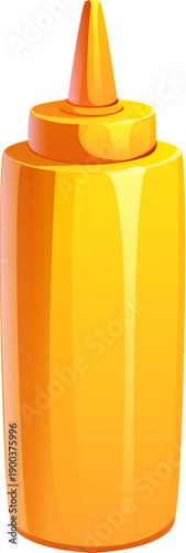 Cartoon fast food mustard sauce bottle or condiment packaging of vector cylindrical yellow bottle with narrow spout. Fast food sauce bottle of mustard for hot dog or cheeseburger seasoning sauce