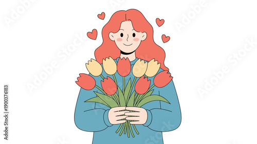 Digital illustration of a happy woman with red hair, holding a bouquet of red and yellow tulips, surrounded by hearts, symbolizing love and joy