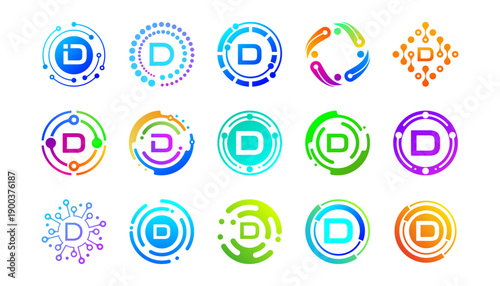 Collection of colorful letter D technology logos with circular, network, and digital elements. Modern abstract symbols for AI, innovation, startups, apps, and futuristic tech branding.