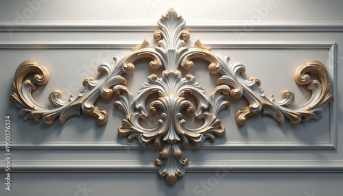 Elegant white and gold ornate carved wall panel with intricate acanthus leaf scrolls and floral motifs. Luxury architectural detail adds classic charm and regal beauty to interior decor.