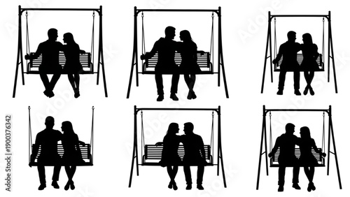 Silhouettes of couples sitting on swings in various poses