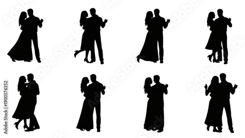 Silhouettes of couples dancing ballroom dance. Elegant poses of pairs