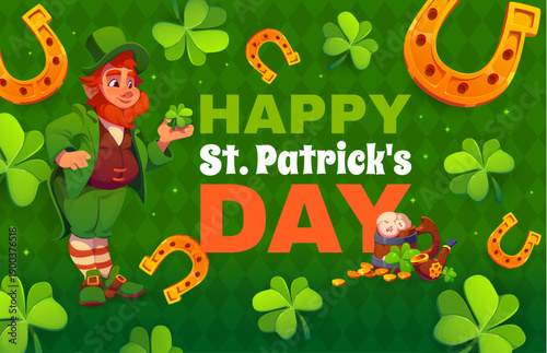 St Patrick day holiday greeting card with leprechaun and shamrock clovers, vector poster. Happy Saint Patrick day greeting with leprechaun character, trefoil shamrock, golden horseshoe and ale beer