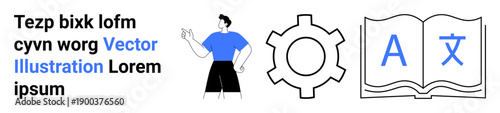 Man gesturing with text, gear representing process, and open book for language learning. Ideal for education, innovation, language learning, technology, workflow, content creation simple landing