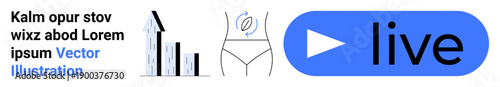 Business analysis, cosmetic marketing, media content, streaming services, brand identity, online platforms. Bar graph, body diagram live play button. Business growth and cosmetic marketing visuals