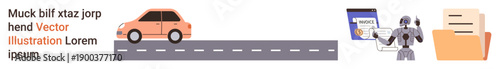 Transportation, AI technology, digital identity, automation, self-driving cars, document security. Orange car on the road with a robot managing ID verification. Transportation and AI technology