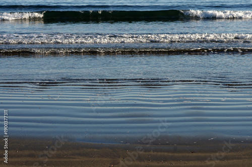 冬の浜辺。誰も居ない海を独り占めしている私。至上の解放感を味わっている。潮が引いたり寄せたり、そのたびに宝石のような小石や貝殻が、行ったり来たり波打ち際をさまよっている。眺めているだけで楽しい気分になった。幾分傾きかけた太陽の光が砂浜を照らしている。砂が作る不思議な紋様。あたかも地球上の広大な平原を眺めているようだ。時を忘れて浜辺で戯れている私。至福の時。