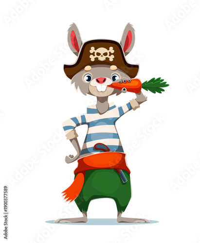 Cartoon rabbit pirate vector animal corsair character in striped blue and white sailor shirt and green trousers. Bunny pirate with carrot in paw and gun weapon on belt as Caribbean corsair or skipper