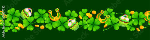 St patricks day shamrock clover border. Saint Patrick festive vector separator line, Irish party underline border or spacer. Spring holiday divider with gold coins and lucky horseshoe, cupcake dessert