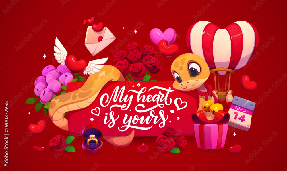 Obraz premium My heart is yours happy Valentine day greeting card with cute snake holding a banner, surrounded by roses, hearts, gifts, love letter, February 14 calendar, engagement ring and heart hot air balloon