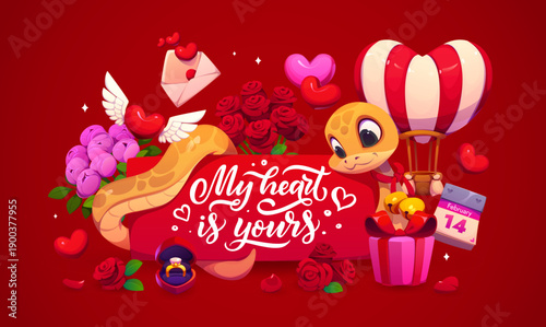 My heart is yours happy Valentine day greeting card with cute snake holding a banner, surrounded by roses, hearts, gifts, love letter, February 14 calendar, engagement ring and heart hot air balloon