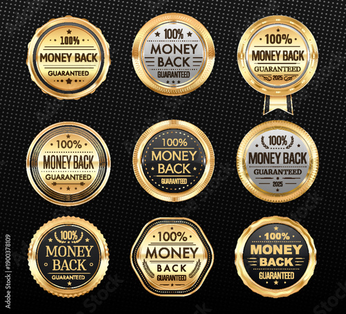 Money back guaranteed golden badges and labels or award seal medals, vector marks. Money back badges with laurel wreaths or golden ribbons for certificate of customer quality satisfaction