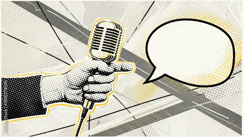 Retro Microphone in Hand with Speech Bubble, Vintage Halftone Style Illustration