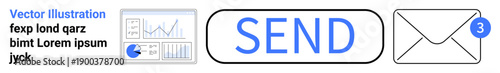 Send button alongside email icon with notification badge, accompanied by data analysis graphs. Ideal for communication, email, notifications, business, analytics, digital tools, simple landing page