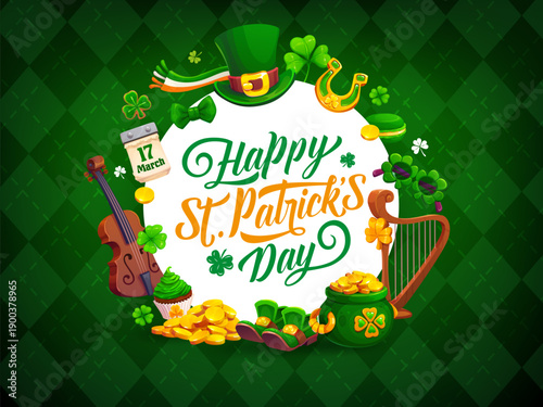 Happy St Patrick Day holiday greeting card shamrock clovers and leprechaun gold, vector banner. St Patrick Irish holiday greeting with 17 March calendar, Celtic harp and Irish flag on plaid pattern