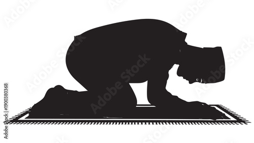 Minimalist black and white illustration of a person in a devotional prayer posture, kneeling on a mat, symbolizing faith, spirituality, and religious worship