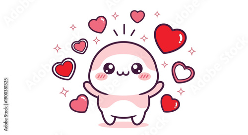 A cute kawaii mascot with rosy cheeks and a joyful expression surrounded by colorful hearts and sparkles on a white background, conveying happiness and love in a playful illustration design.
