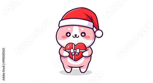 A cute pink mascot in a Santa hat holding a wrapped heart gift on a white background, conveying a happy Valentine's Day theme with a kawaii design style.