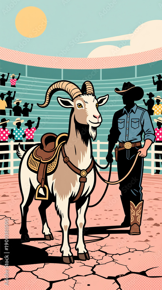 Obraz premium Cartoon goat wearing saddle and halter, led by cowboy in rodeo arena, crowd cheering, stylized illustration, western event, animal show.