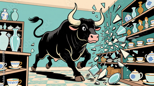 Cartoon bull smashing porcelain shelves, vintage ceramics, china shop chaos, decorative vases, shattered plates, whimsical destruction.