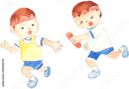 運動会のリレーでバトンを渡す子どものイラスト　ベクター