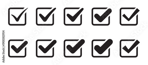 Various black checkbox icons with square frames and different tick styles for interface design and forms