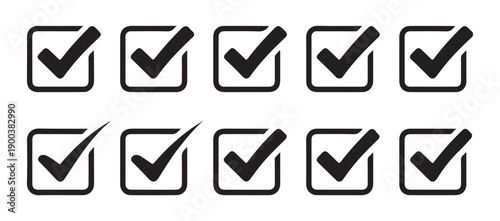 Set of ten vector check mark icons in a square box isolated on a white background