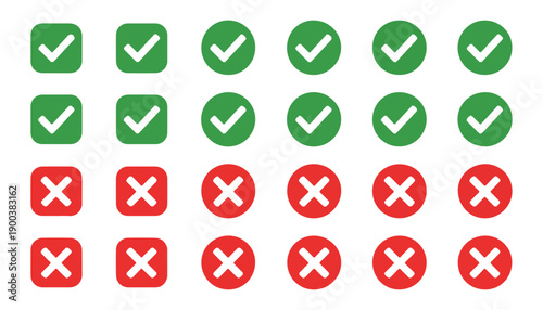 Check mark and cross signs set, different shapes, green and red solid icons. vector illustration for web design