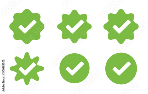 Set of green checkmark and cross badges for verification and confirmation icons on white background