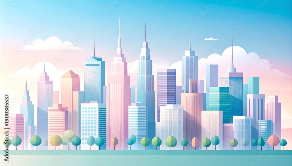 Obraz premium A vibrant pastel cityscape illustration with skyscrapers and trees, evoking a sense of modern urban life and a bright future