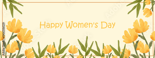 Hand Drawn Yellow Floral Banner for Happy International Women's Day Background