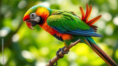 disarranged. A colorful parrot preening a feather on a branch, soft morning light. wildlife magazines, conservation campaigns, designed for eco-tourism storytelling.